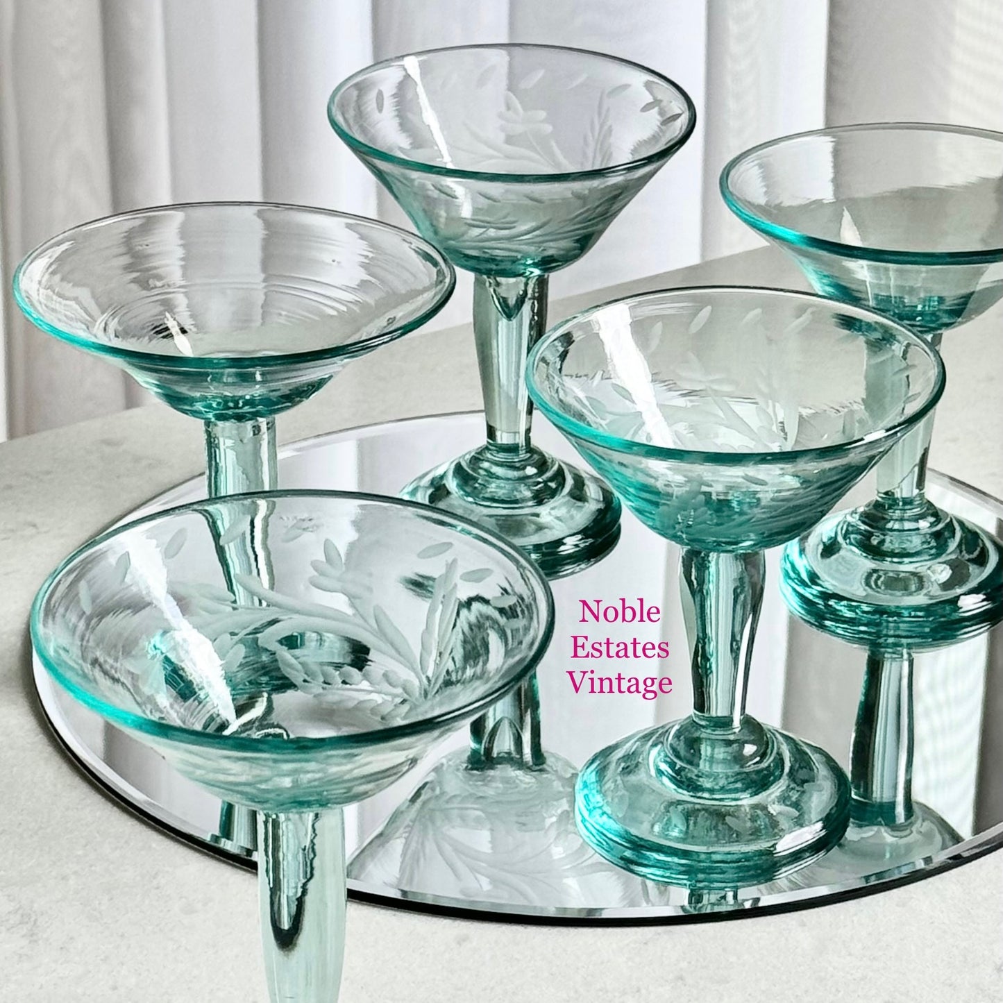 Vintage Hand Blown Bottle Green Glasses - Set of 5