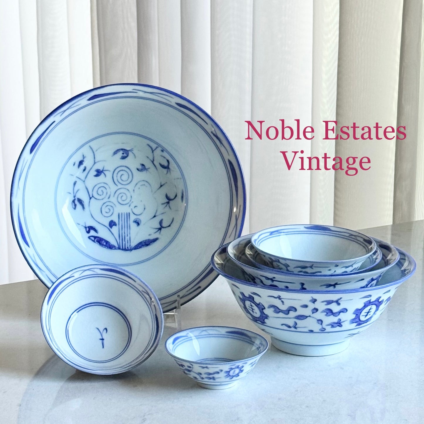 Vintage Blue and White Chinese Nesting Bowls - Set of 7