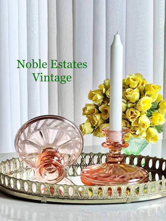 Vintage Pink Etched Candle Holders - Set of 2