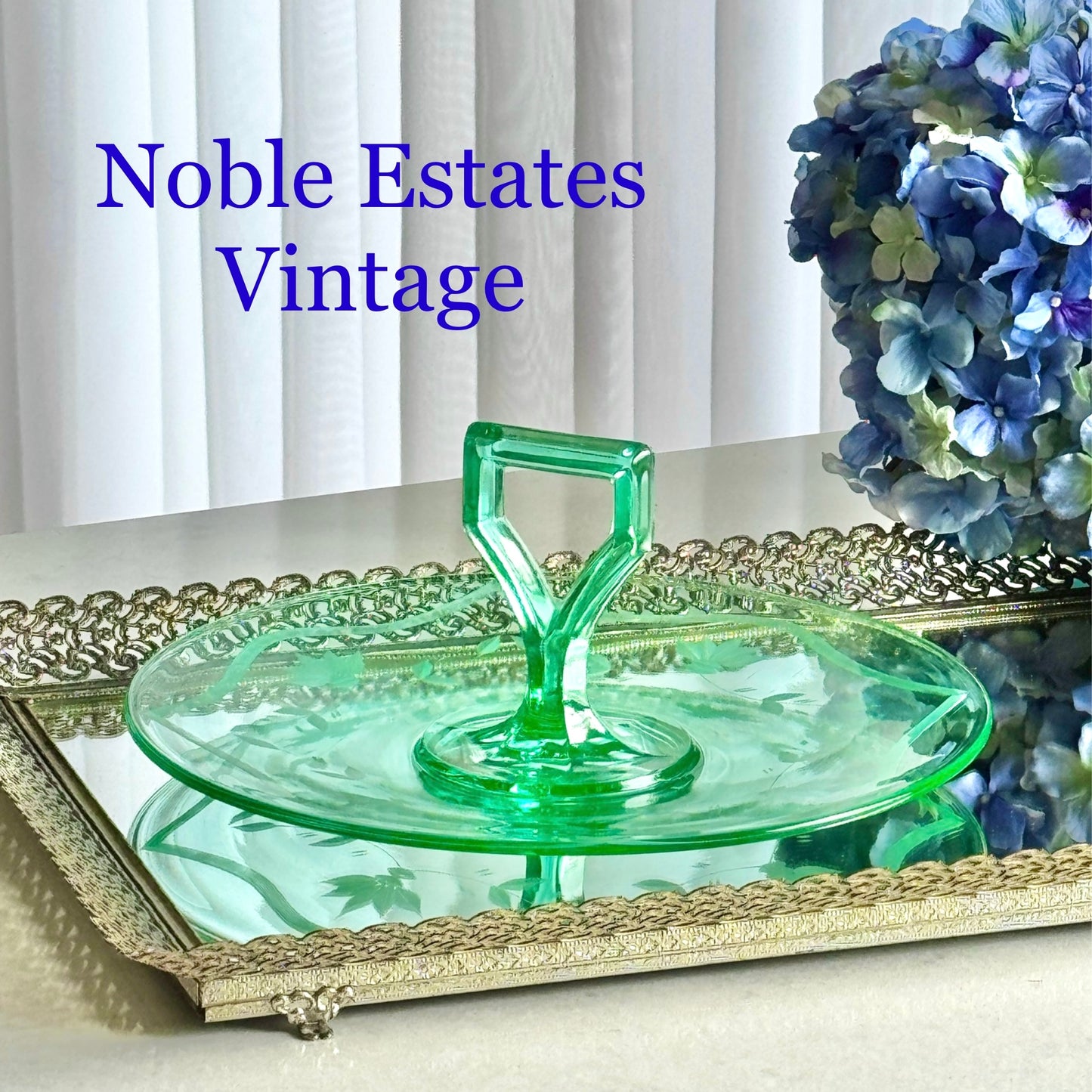 Vintage Green Uranium Glass Etched Tidbit Tray with Handle