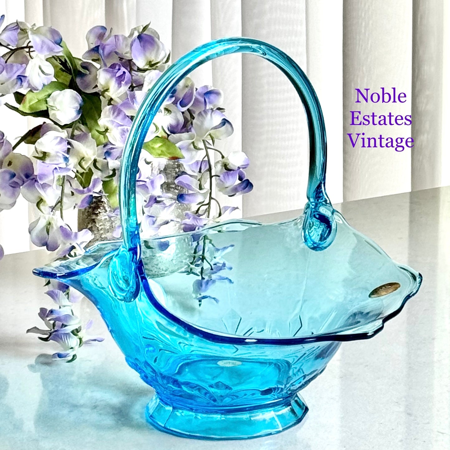 Vintage Tiara Exclusive Blue Glass Duchess Double Fleur De Lis Basket (circa 1980)