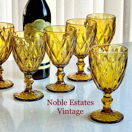 Vintage Amber Diamond Pattern Glasses - Set of 6