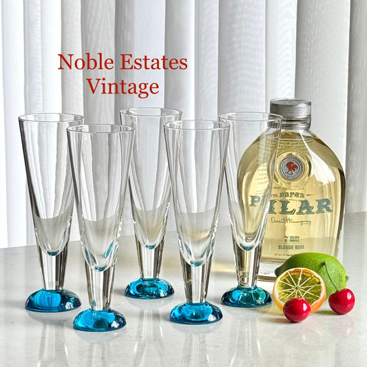 Vintage Aqua Blue Foot Fluted Glasses - Set of 5