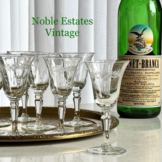 Vintage Etched Cordial / Liquor Glasses - Set of 9