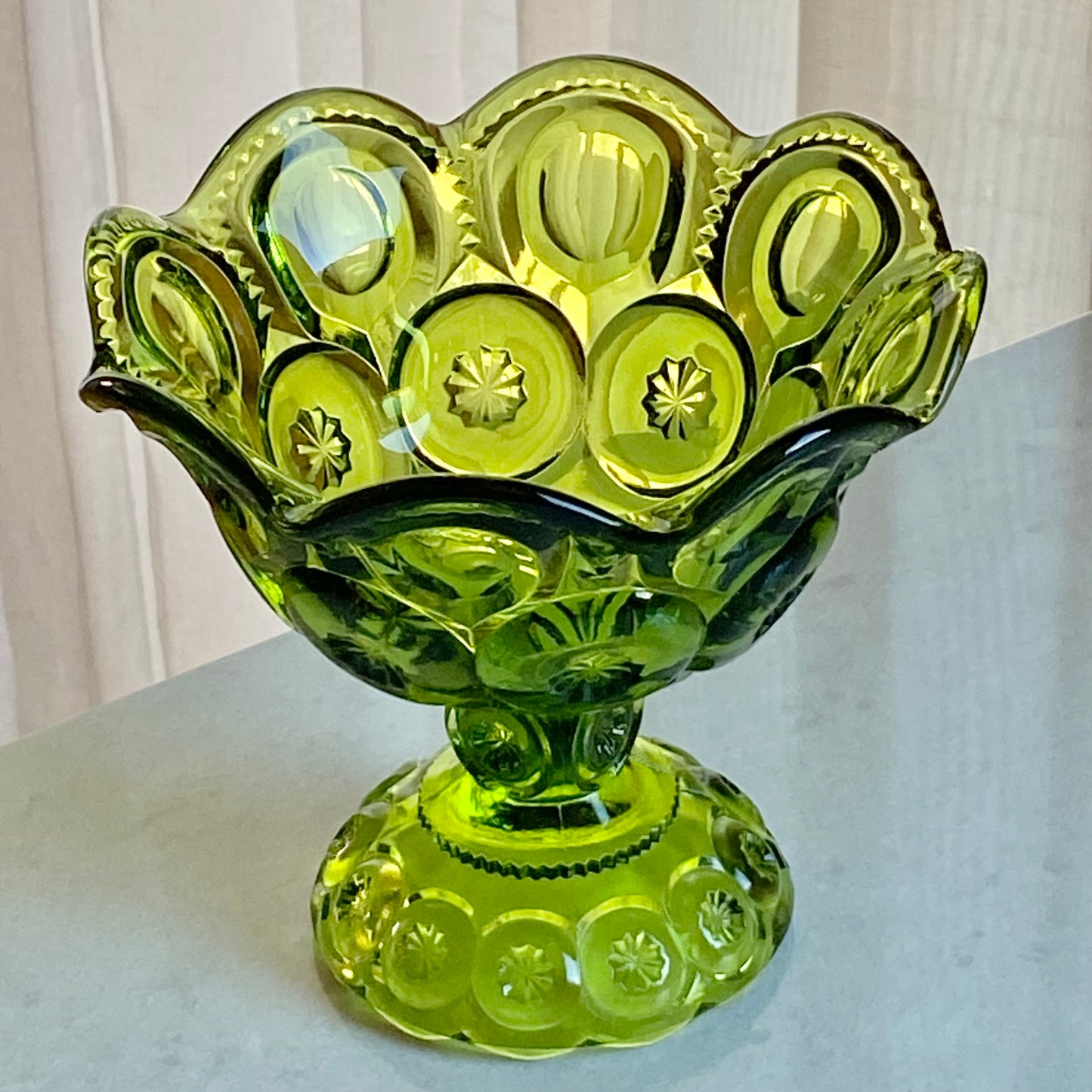 Vintage L.E. Smith Heritage Moon and Stars Green Pedestal Bowl