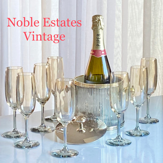 Vintage Set of 8 Champagne Flutes and Ice Bucket in Gold and Silver tones