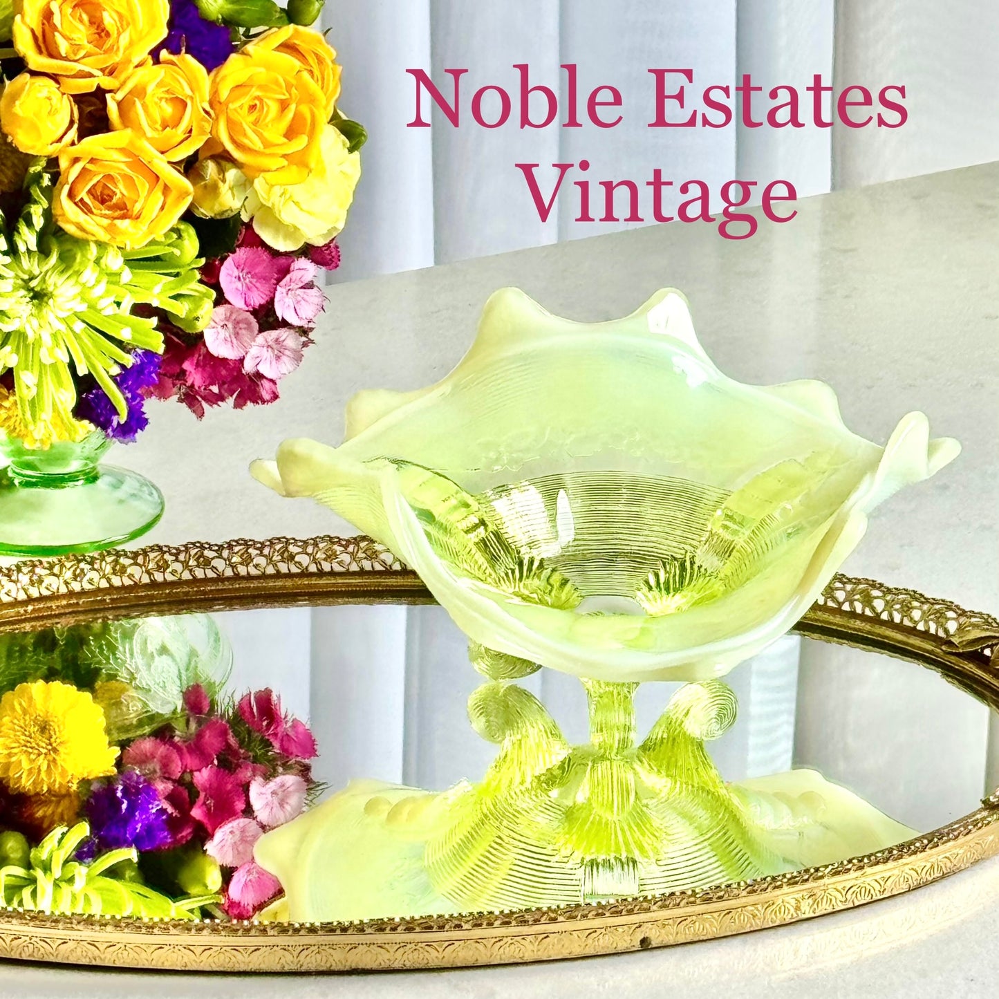 Vintage Northwood Vaseline Glass Klondyke Fluted Scroll Opalescent Bowl (circa late 1890s / early 1900s)
