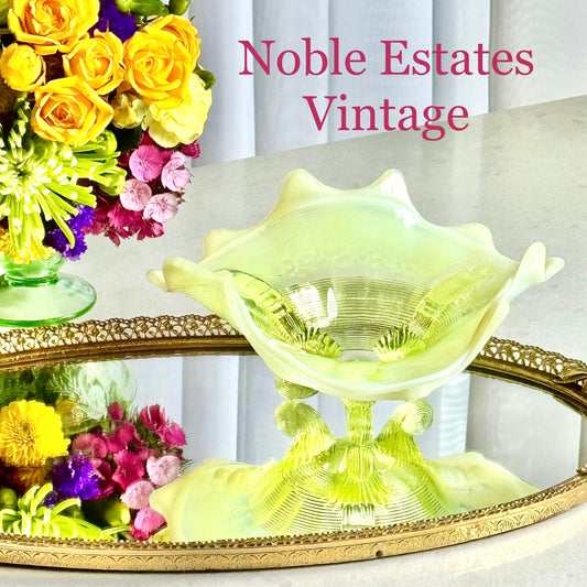 Vintage Northwood Vaseline Glass Klondyke Fluted Scroll Opalescent Bowl (circa late 1890s / early 1900s)