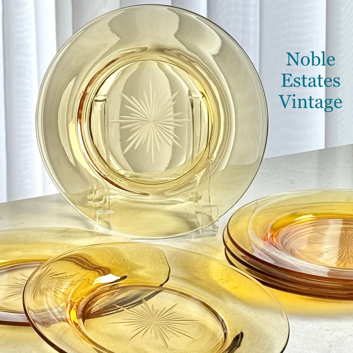 Vintage Amber Atomic Star Etched Plates - Set of 6