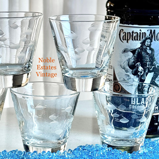 Vintage Fish Etched Glasses - Set of 6