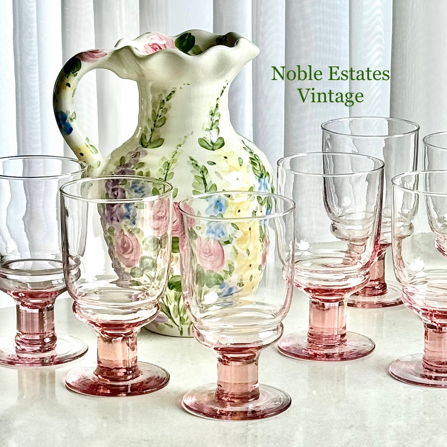 Vintage Pink Column Stem Glasses - Set of 10 Goblets