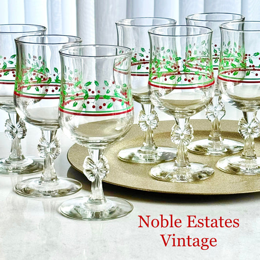Vintage Arby's Bow Stem Gold Trimmed Christmas Glasses - Set of 12