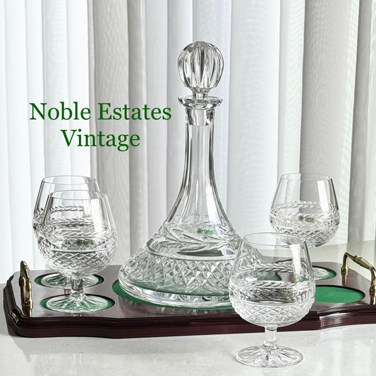 Vintage Galway Leah Irish Crystal Decanter with Four Glasses and Wood Tray