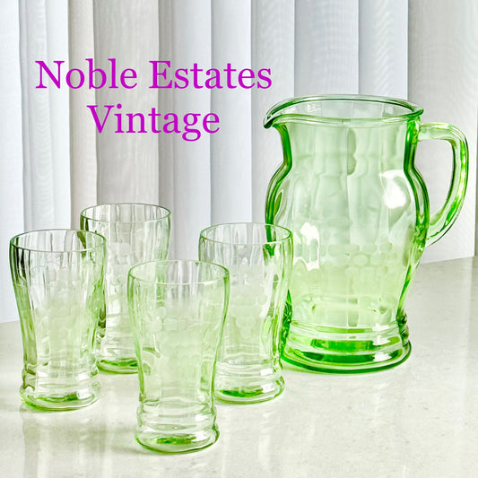 Vintage Uranium Glass Etched Pitcher and 4 Glasses