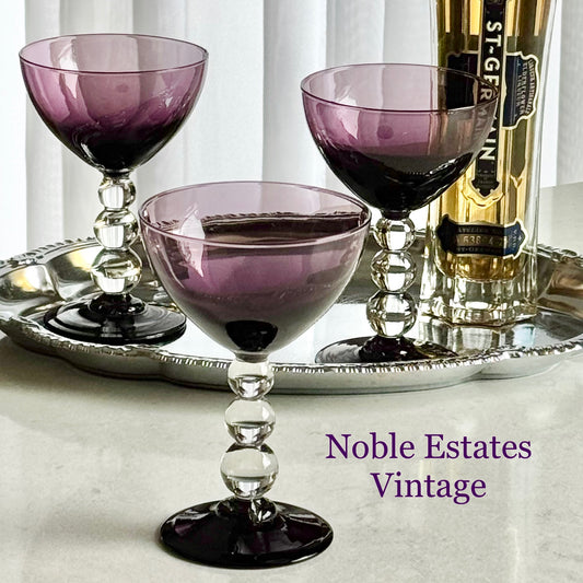 Vintage Bryce Aristocrat Amethyst Purple Bubble Stem Glasses - Set of 3
