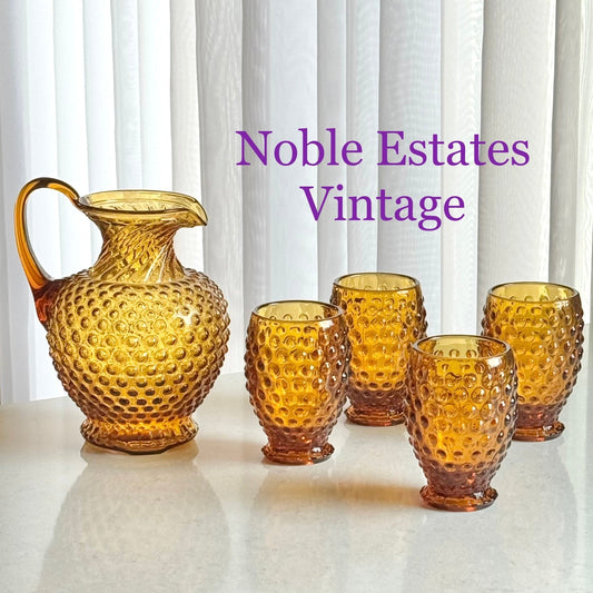 Indiana Glass Tiara Exclusives Amber Gold Hobnail Pitcher and 4 Tumblers  (circa 1976)