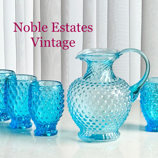 Vintage Indiana Glass Tiara Exclusive Hobnail Blue Pitcher and 4 Tumblers (circa 1980s)