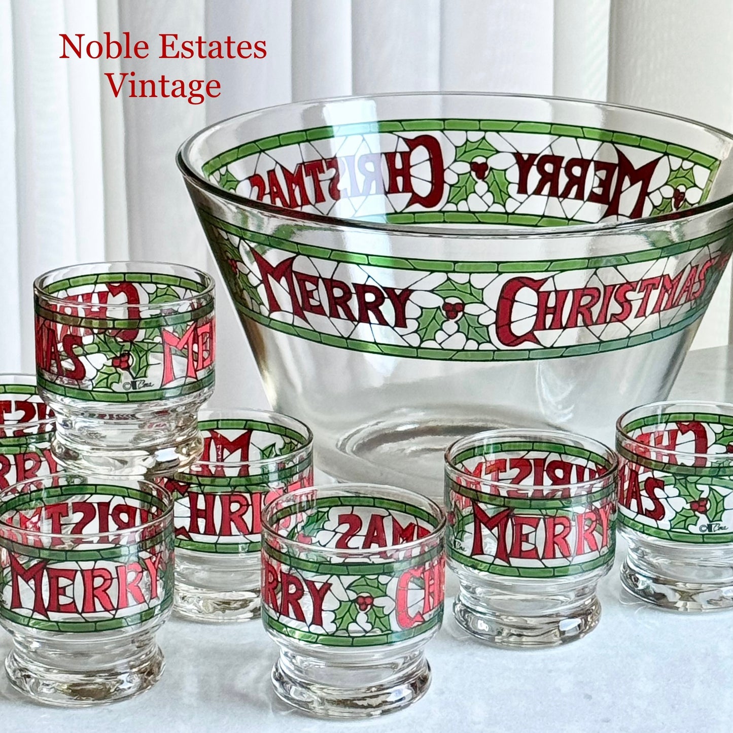 Vintage Cera Glass Merry Christmas Punch Bowl and 8 Glasses - 9 Pieces Total