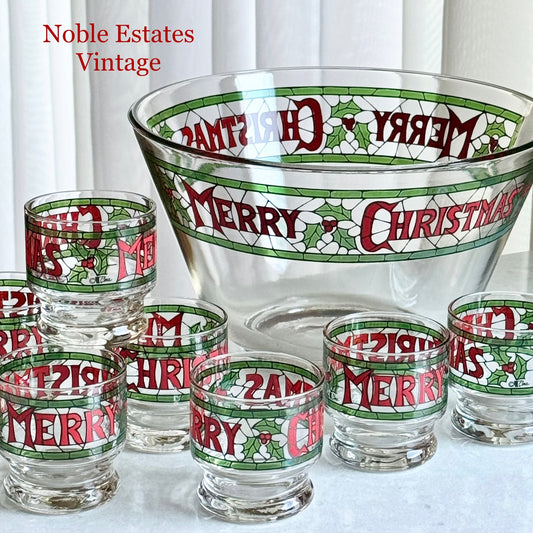 Vintage Cera Glass Merry Christmas Punch Bowl and 8 Glasses - 9 Pieces Total