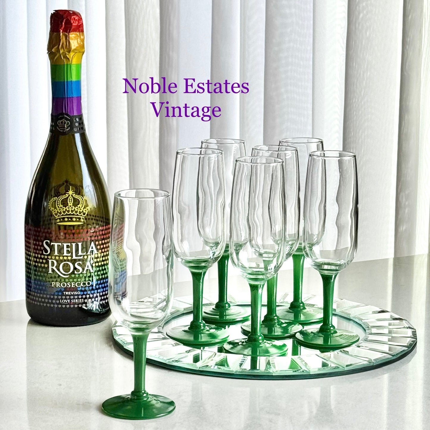 Vintage Green Stem Glasses - Set of 7 Flutes