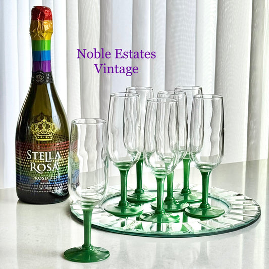 Vintage Green Stem Glasses - Set of 7 Flutes