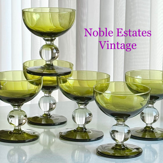 Vintage Ball Stem Olive Green Glasses - Set of 8 Coupes