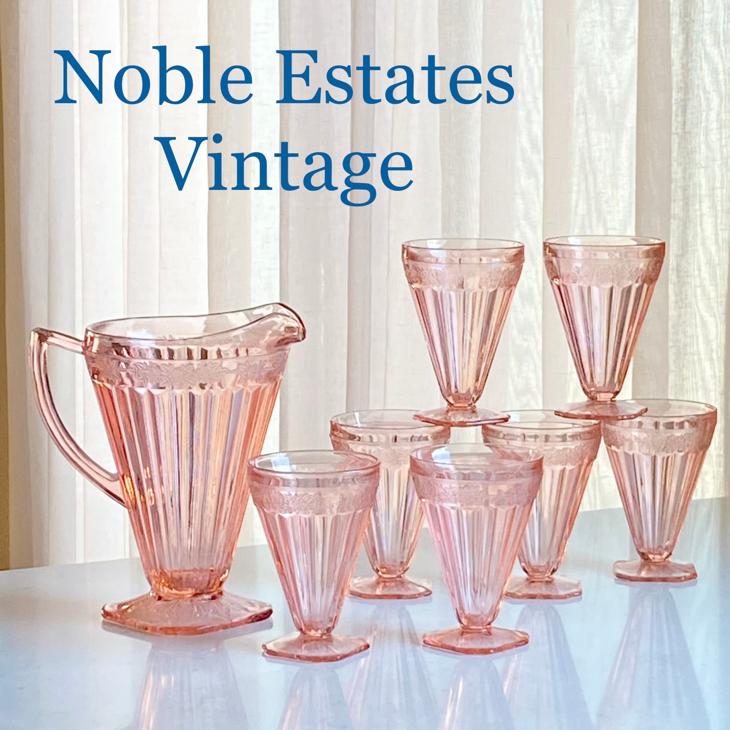 Jeannette Glass Adam Pink Pitcher and Seven (7) Glasses (circa 1932 - 1934)