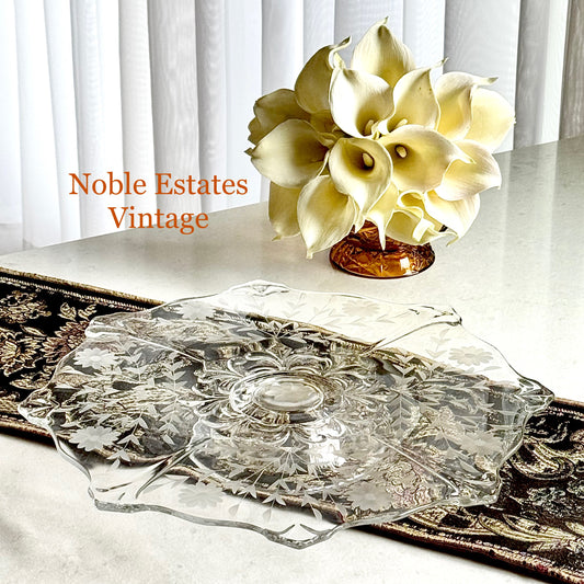 Vintage Indiana Glass 14 Inch Double Fleur De Lis Etched Cake Plate