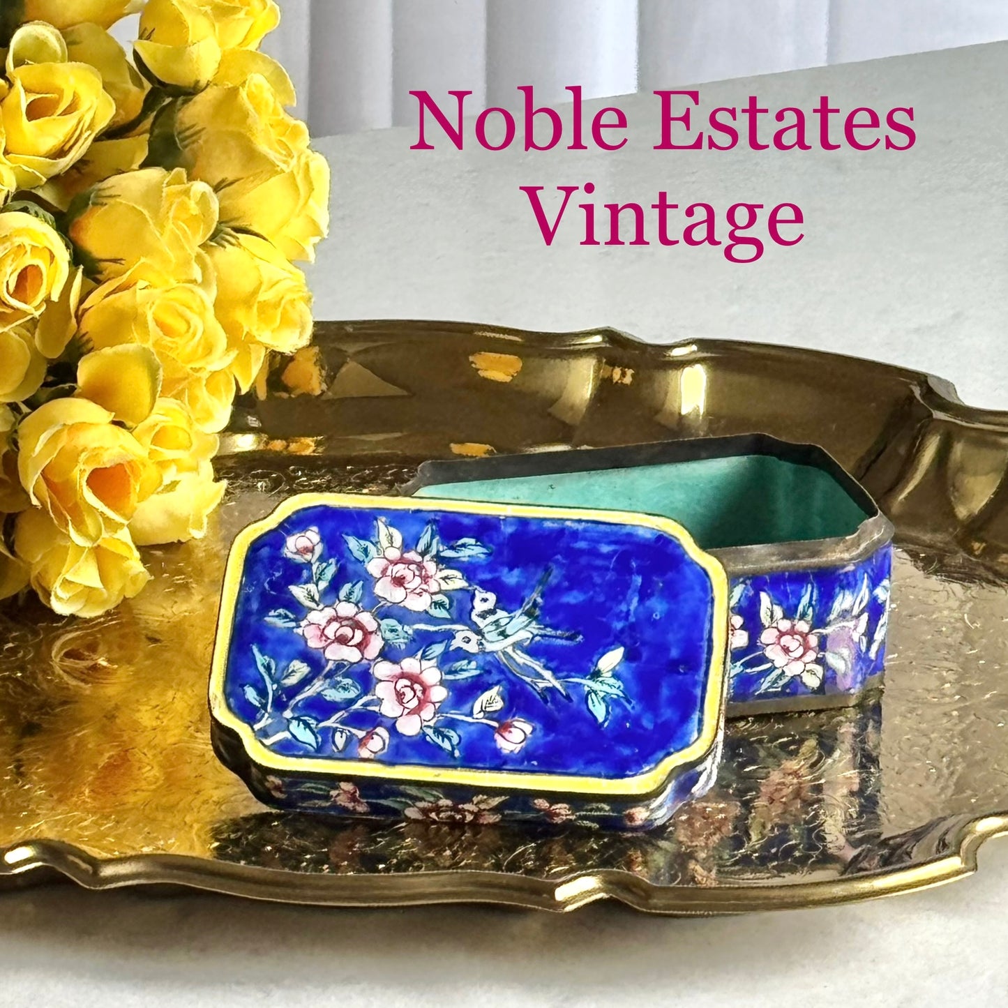 Vintage Chinese Canton Enamel Box with Lid Depicting Birds and Flowers
