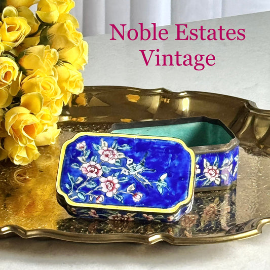 Vintage Chinese Canton Enamel Box with Lid Depicting Birds and Flowers