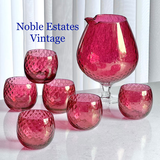 Vintage Cranberry Diamond Optic Carafe and 6 Glasses