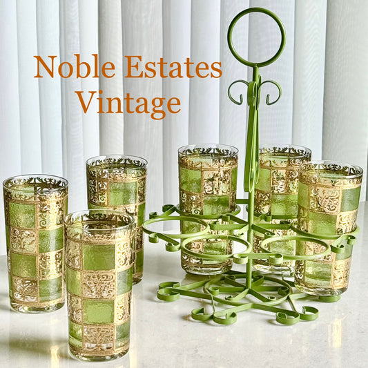 Vintage Culver Carrier Caddy and Six (6) Gold and Green Prado Glasses