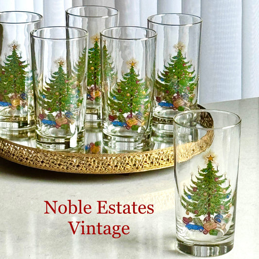Vintage Christmas Moderne Old Fashioned Christmas Tree 12 Ounce Glasses - Set of 6 Tumblers