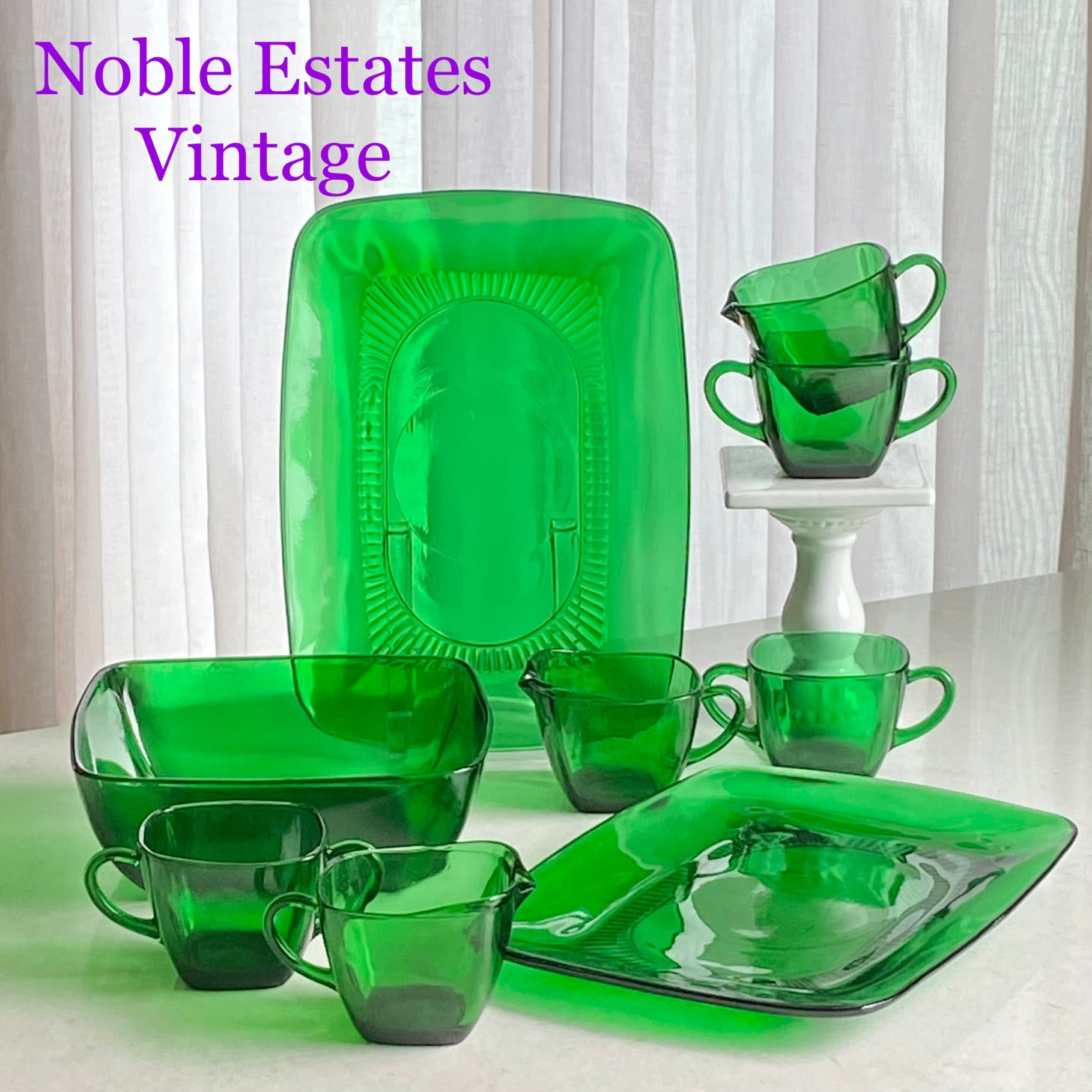 Vintage Anchor Hocking Forest Green Charm serving pieces for sale by Noble Estates Vintage.