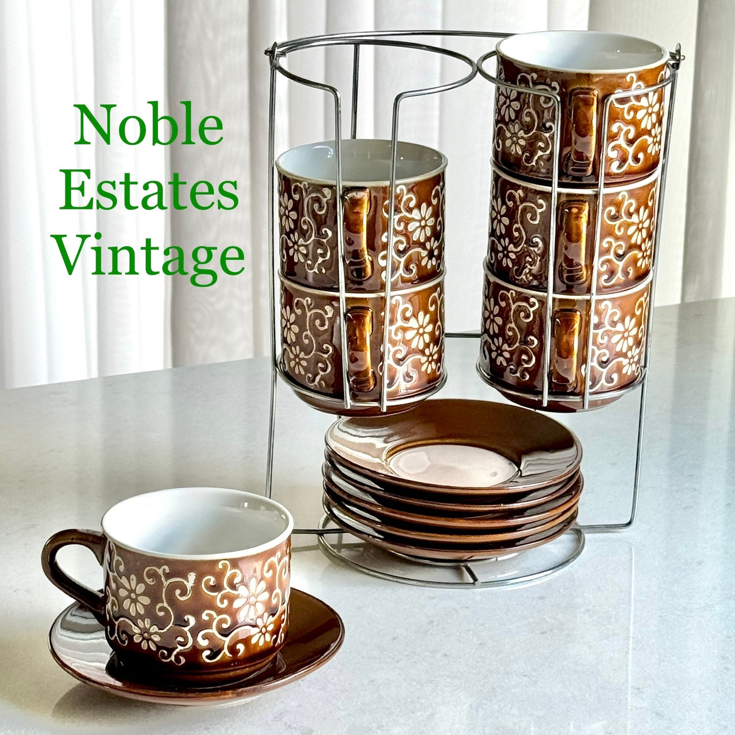 Vintage Retro Cup and Saucer Set with Caddy