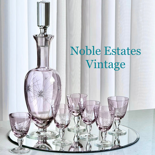 Vintage Lilac Purple Bohemia Glass Atomic Star Decanter with Stopper and 6 Glasses