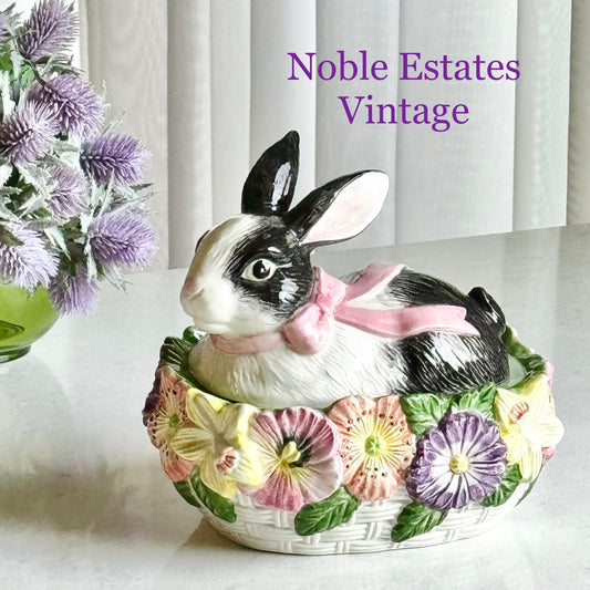 Vintage Fitz & Floyd Pansy Parade Bunny Rabbit Oval Box with Lid (circa 1995)