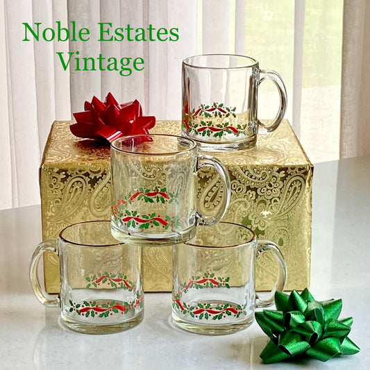 Vintage Libbey Gold Rimmed Holly Berry Garland Mugs - Set of 4