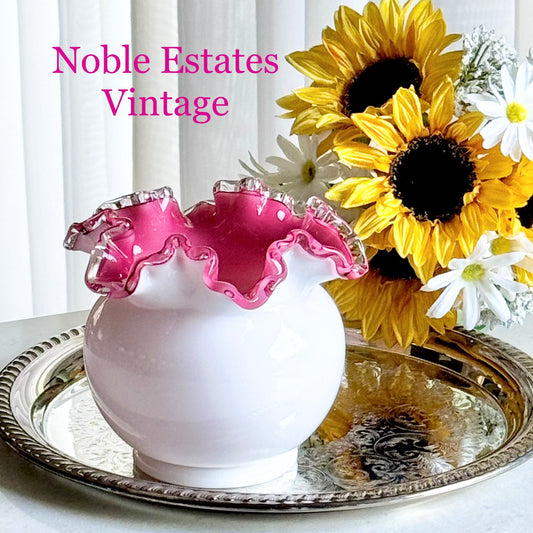 Vintage Fenton Silver Crest Rose Pink Ruffled Vase