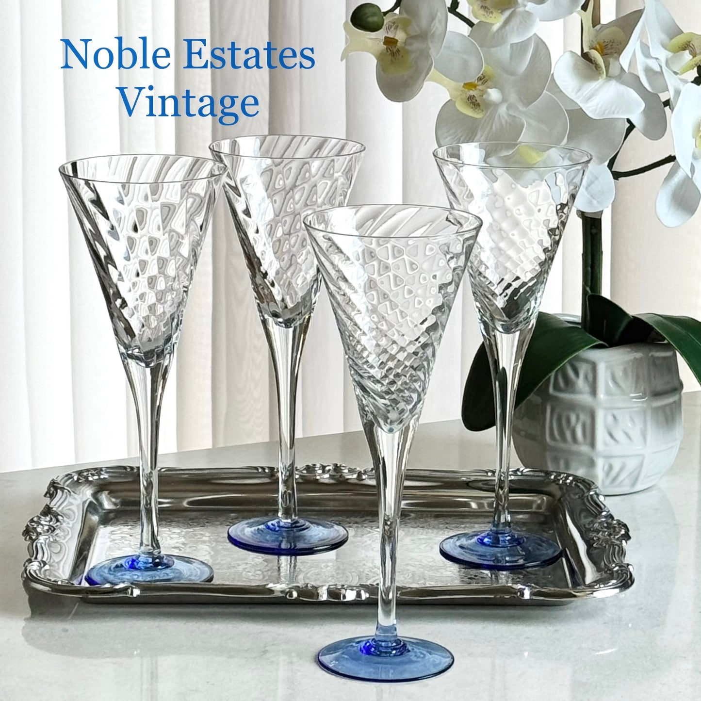Vintage Blue Foot Optic Swirl Glasses - Set of 4