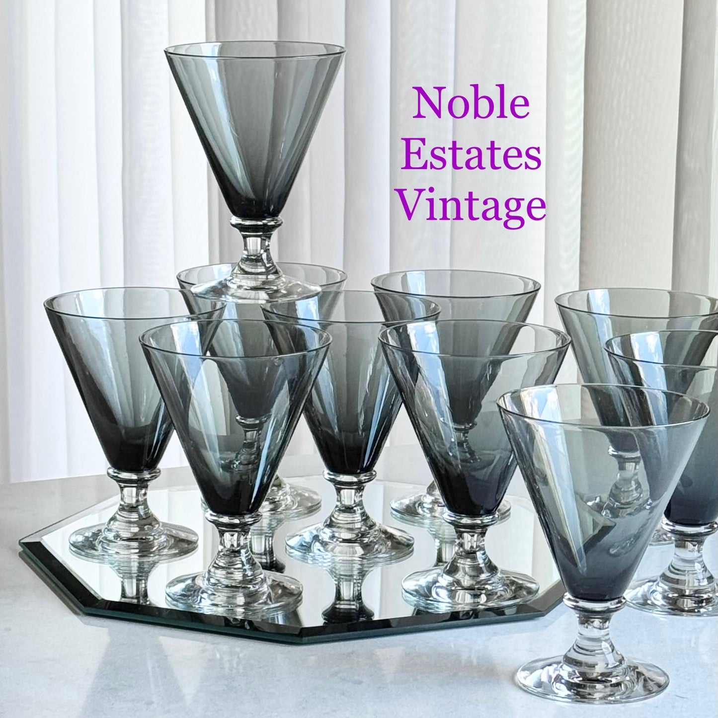 Vintage Seneca Charcoal Gray Glasses (Stem #1605) - Set of 10