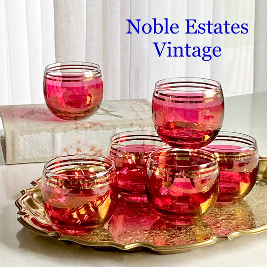 Vintage Cranberry Gold Trim Roly Poly Glasses - Set of 6