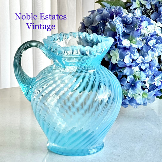 Vintage Fenton Blue Opalescent Large Spiral Swirl Pitcher
