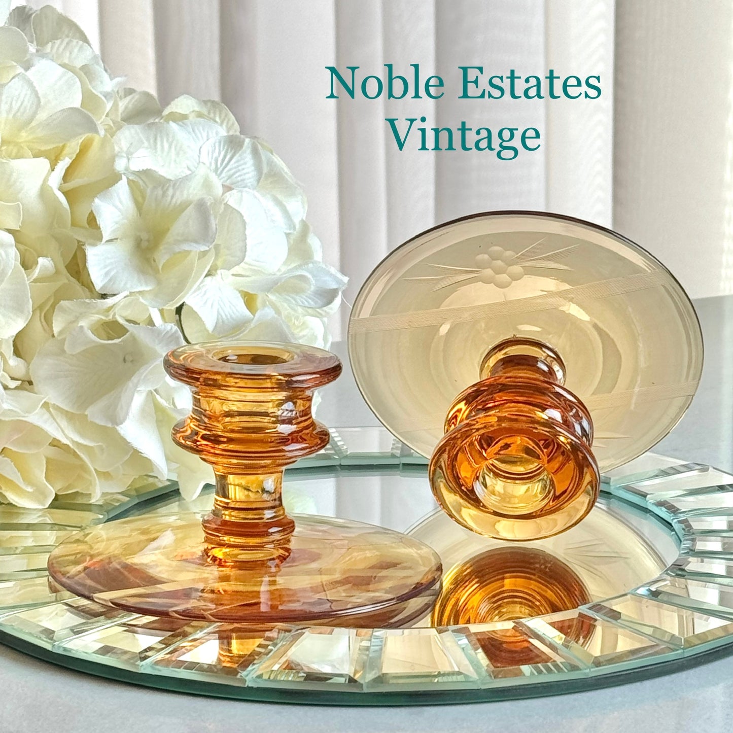 Vintage Amber Etched Candle Holders - Set of 2