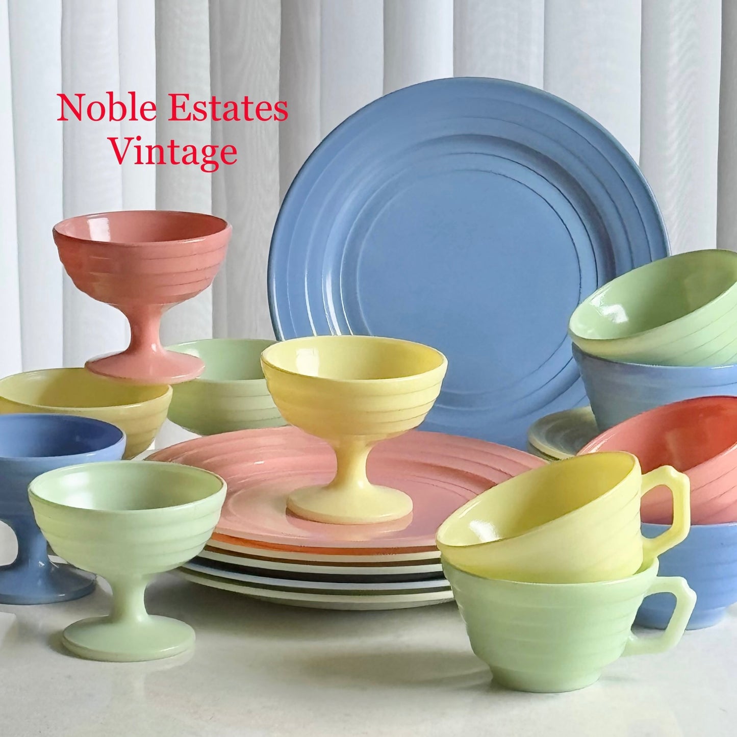 Vintage Hazel Atlas Moderntone Platonite Pastel Cups and Saucers - 4 sets, 8 pieces total