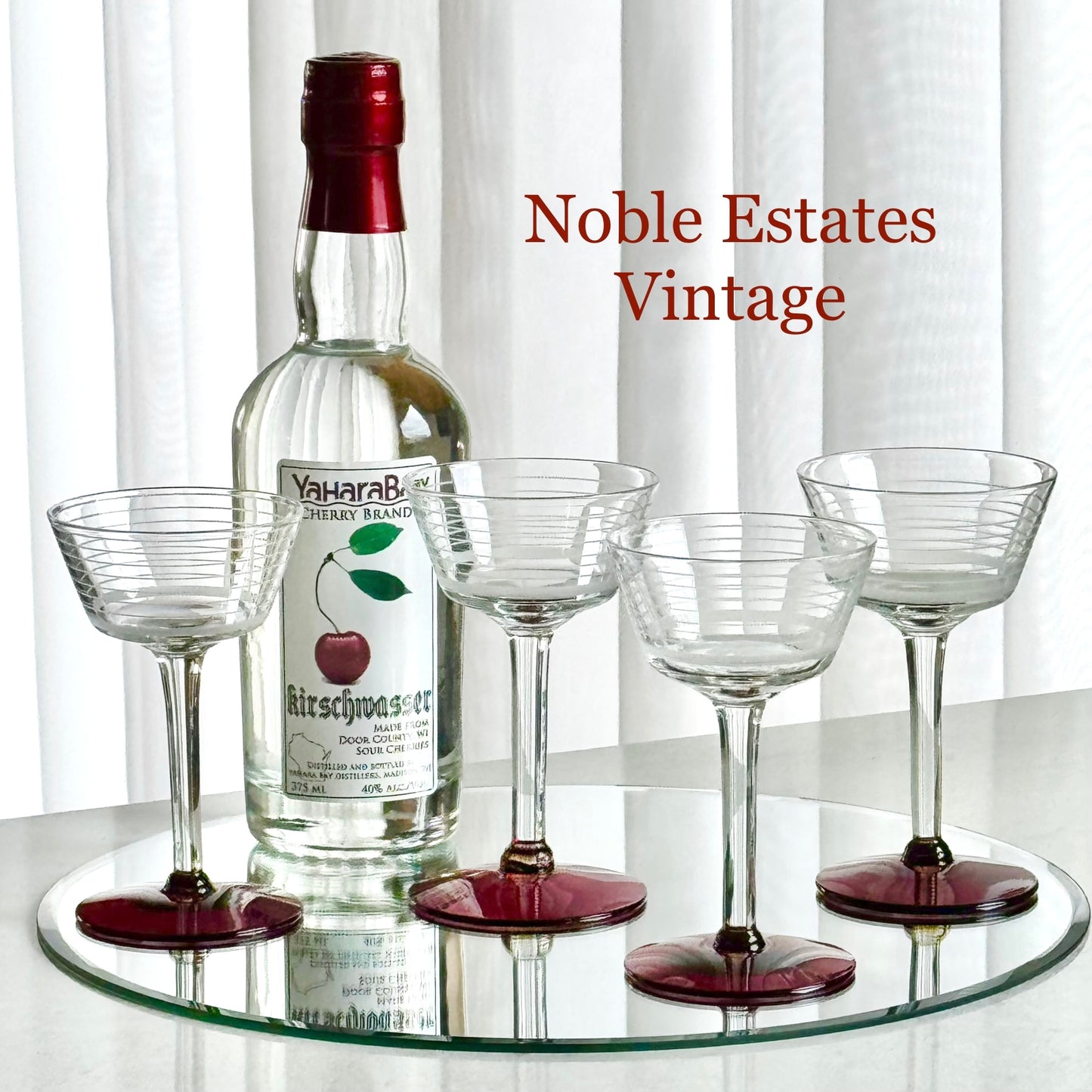 Vintage Ruby Red Foot Band Etched Glasses - Set of 4