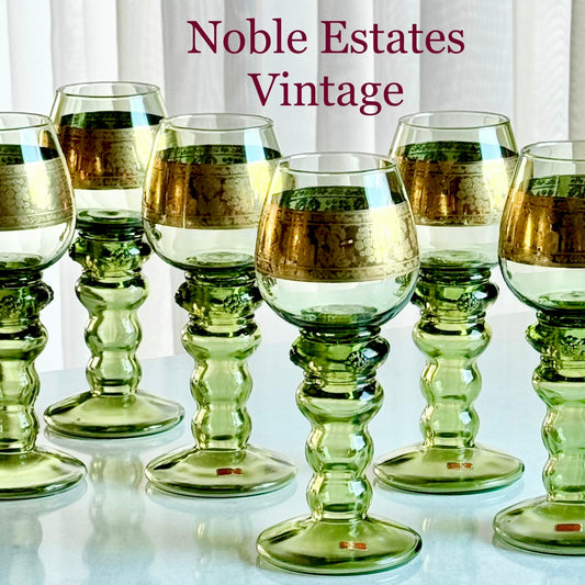 Vintage Austrian Roemer Green Glasses with a Grape and Vine Design in Gold - Set of 6
