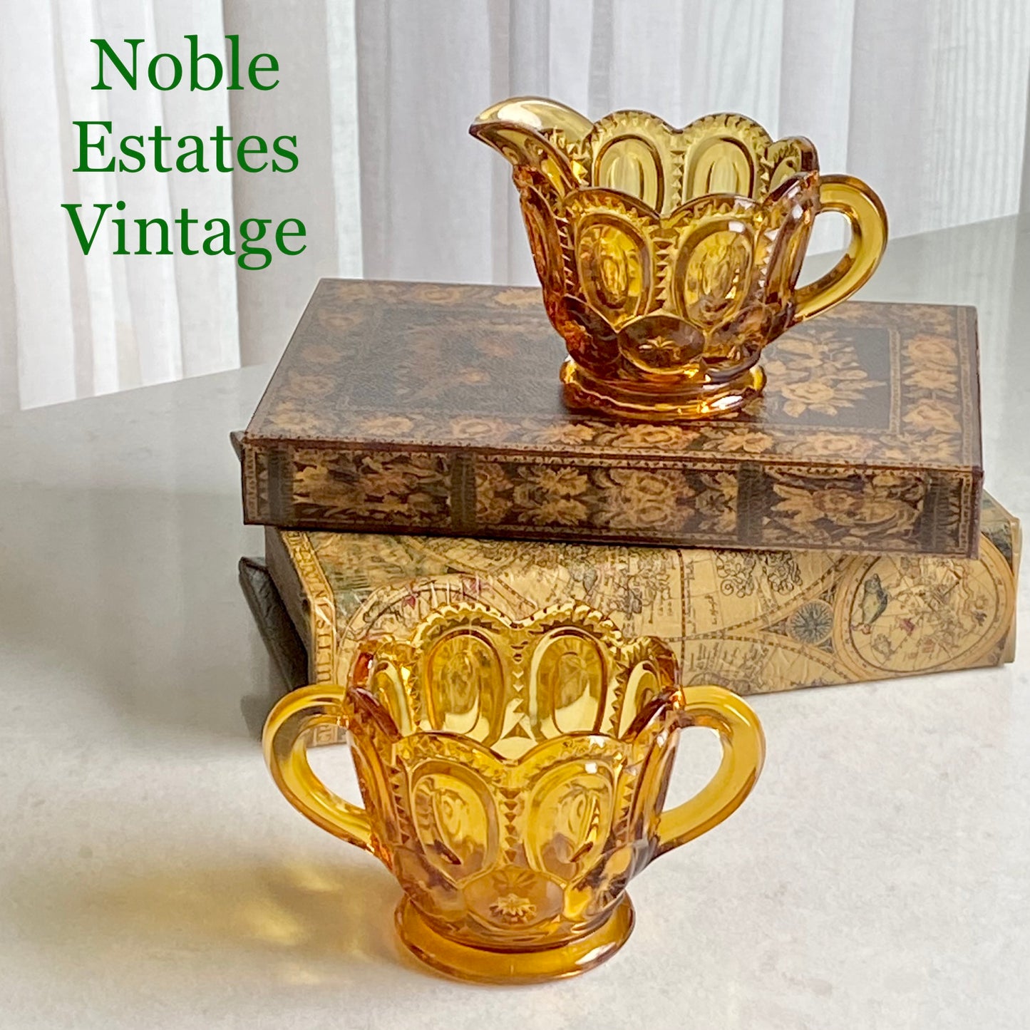 Vintage L.E. Smith Heritage Amber Moon and Stars Sugar and Creamer Set