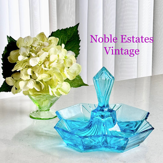 Vintage Indiana Glass Pyramid Blue Four-Part Relish Dish with Center Handle (circa 1974 - 1975)
