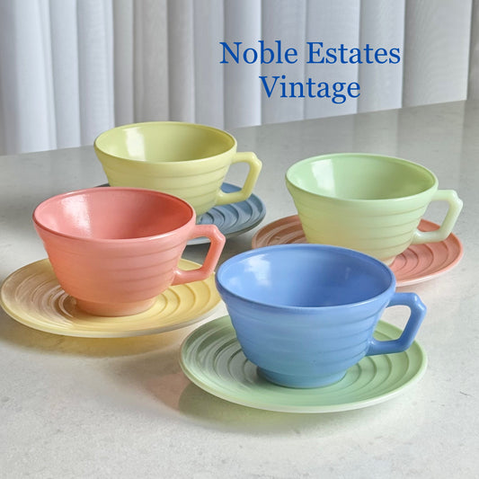 Vintage Hazel Atlas Moderntone Platonite Pastel Cups and Saucers - 4 sets, 8 pieces total